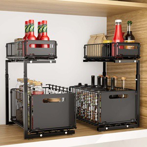 2 PACK 2 Tier L Shape Under Sink Height Adjustable Kitchen Organiser Drawer Separately Slide Storage Shelf Spice Organizer Rack
