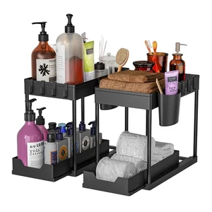 2-Tier Sink Organizer For Bathroom And Kitchen Under Sliding Cabinet Rack With Hooks Kitchen Accessories Storage Holders