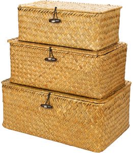 Hot Selling Set of 3 Woven Wicker Storage Bins with Lid Popular Rectangular Seagrass Basket Storage Basket with Rattan Material