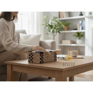 Handwoven 8x6 Inch Jute and Cotton Storage Basket with Lid Rattan Decorative Organizer for Living Room or Kitchen