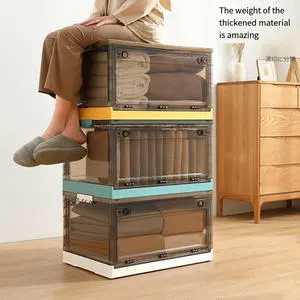 Clear Plastic Foldable Storage Containers with Side Doors Stackable Clothes Organizer Bins with Wheels for Under Bed Use