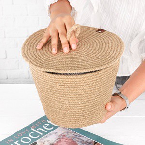 Handwoven Natural Raffia Storage Basket with Lid Round Design