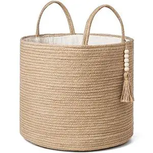 Woven Storage Basket Decorative Natural Rope Basket Wooden Bead Decoration for Blankets,Toys,Clothes,Shoes