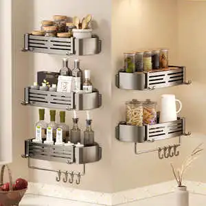 Wall-hung Type Suction Cup Shower Caddy With Hooks And Towel Bar No Drill Wall Mounted Bathroom Corner Storage Shelf