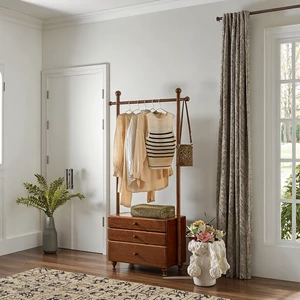 Vintage Solid Wood Coat Rack with 3 Drawers, Freestanding Storage Organizer, Hanger Stand Cabinet for Bedroom Living Room