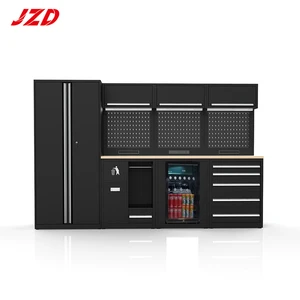 JZD Heavy Duty Modular Metal Garage Cabinet System Storage Workshop Workbench Tool Cabinet Combo with Fridge Steel Garage
