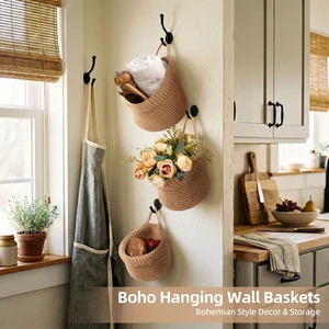 3 Pcs Hand Woven Foldable Hanging Storage Baskets Eco-Friendly Multi-functional Wall Countertop Organizer for Home Kitchen Food