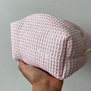 New Huagefu Canvas Makeup Bag Zipper Closure Large Capacity Portable Skincare Storage Grid Pattern Multi-Functional Toilet Bag