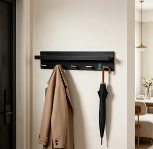 Black Bamboo Wall Mounted Shelf with Metal Hooks Multi-functional Entryway Coat Storage Board