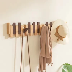 Creative Piano Key Wooden Wall Mounted Hooks Hidden Retractable Clothes Hanger Punch-Free Entryway Bathroom Storage Organizer