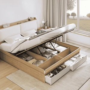 Modern Gas-Lift Storage Bed with Drawers, Hydraulic Bed Base with Headboard, Space-Saving Bedroom Furniture for Hotel Home