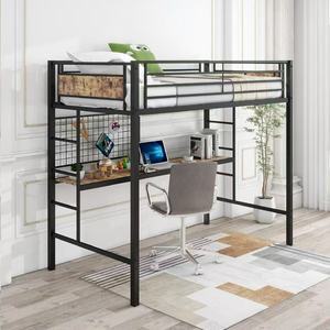 Modern Metal Loft Bed With Desk Space Saving Adult Loft Bed Heavy Duty Steel Frame Bedroom Furniture Wholesale Factory