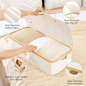 Best-Selling Modern Cross-Border Seasonal Clothing Under Bed Storage Box Rectangle Oxford Cloth with Dust-Proof Bamboo Ring Lid