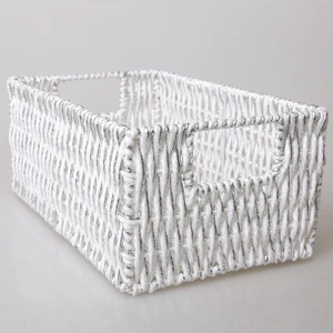 Factory Wholesale Large Capacity Woven Storage Basket With Handle and Iron Frame White Paper Rope for Household Storage