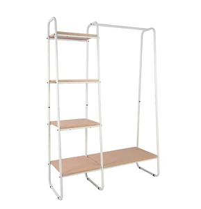 Metal Shelf Four - Layer Wooden Coat - Hanger Wardrobe Storage Rack