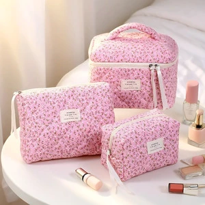 Pastel Pink Floral Makeup Bag Collection - Quilted Cotton 3-Piece Cosmetic Organizer Set