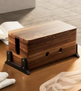 Large Acacia Wood Flexible Eco-Friendly Cable Management Box Organizer with Power Strip Hider for Floor Desktop Office Home