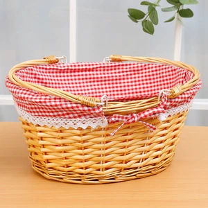 Handwoven Wicker Picnic Basket With Dual Carry Handles Red Plaid Lace Lining Bow Decor Portable Outdoor Food Storage Basket