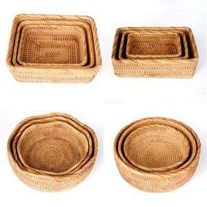 Handmade Rattan Woven Fruit Basket Retro Storage Basket Living Room Home Coffee Table Dried Fruit Plate Round