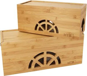 Cable Management Box Set of 2 , Large & Small Bamboo Cord Organizer Box to Hide Wires & Power Strips | Desk Computer Cable