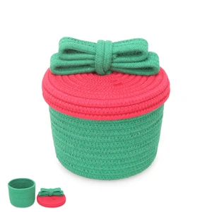 Christmas Bow Red Green Storage Basket With Lid Cotton Rope Eco Friendly for Holiday Gift Toy Storage Home Decor ODM OEM