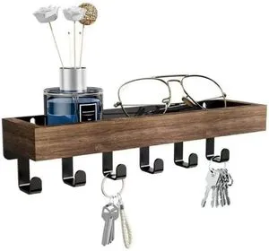 Wall Mount Key Holder with Shelf Decorative Mail Organizer and Key Hooks Wood with Mounting Hardware 9.64”W x 2.36”H x 2.75”L