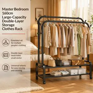 Extra Large Capacity Double Tier Mesh Storage Multi Hooks Organizer for Laundry Room Heavy Duty Freestanding Clothes Rack