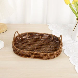Handwoven Rattan Storage Basket Oval Woven Tray with Handles for Bread Fruit Snacks Home Display