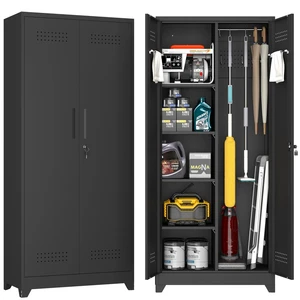 Custom Steel 5-Layer Broom Closet Wardrobe Storage Cabinet for Cleaning Tools and Garage Use