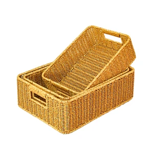 Custom Size Rectangular Handwoven Rattan Storage Basket With Cutout Handles Organizer Bin For Closet Kitchen Sundry Home Tidying