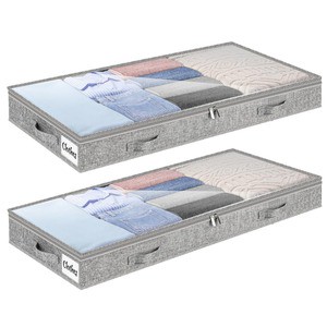 LUOYOU Cotton Linen Rectangular Under Bed Storage Box 50L Foldable Stackable Dustproof Organizer with Lid for Clothes Shoes Toys