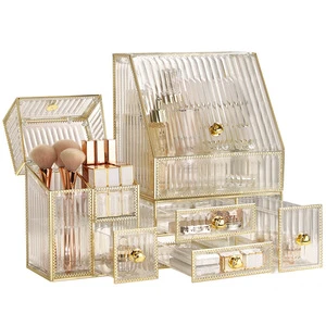 Luxury Transparent Acrylic Makeup Organizer Dustproof Lipstick Make up Brush Holder Vanity Countertop Cosmetic Storage Box Set