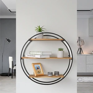 Round Wrought Iron Wall Rack Vintage Solid Wood Wall Rack Creative Home Multi-function Partition Storage Shelf