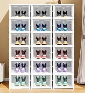 Foldable PP Stackable Sneaker Storage Box Shoe Organizer No-Installation Dustproof Shoe Cabinet Large Shoe Containers with Lids
