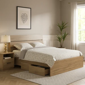 Scandinavian Style Modern Wooden Platform Bed with Under-Bed Storage