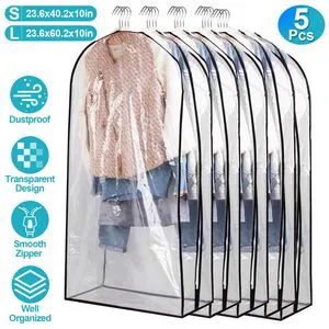 5 Pack 60-Inch Clear Transparent Garment Bag Dustproof and Waterproof Hanging Clothes Storage Cover for Suits