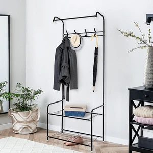 Metal Frame 2 Layers Coat Hanger Stand Space Saving Shoe Bench and Coat Rack