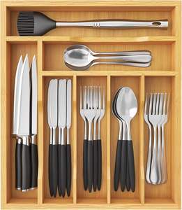 Silverware Drawer Organizer Bamboo Cutlery Storage Kitchen Drawer 7 Compartment Flatware Utensil Holder Wooden Divider Tray