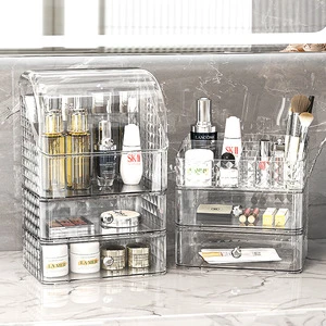 Home Luxury Multi-function Portable Pull-out Dustproof Large Capacity Makeup Cosmetic Storage Box with Mirror and Drawer