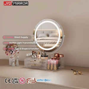 12v Adapter Factory Supply Tabletop Desktop Cosmetic Led Makeup Organizer Light Drawers Round Vanity Mirror With Storage Box