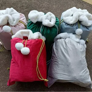 Large 50x70cm Velvet Christmas Gift Bag with Drawstring Reusable Personalized Xmas Package Storage with Pom Pom
