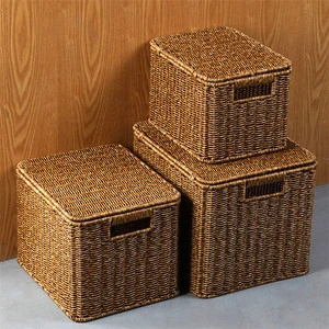 Plastic Rattan Woven Storage Basket with Handle and Lid Cabinet Storage Organizer Home Hotel Storage Box pp Rattan Decoration