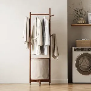 JYFreestanding Coat Rack Rolling Coat Tree with 9 Hooks Wheels Small Clothes Rack for Entryway Wood Coat Rack with Fabric Basket