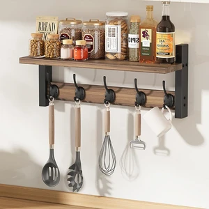 Rustic Bathroom Entryway Hanging Shelves Wall-Mounted Wood Clothes Hats Towel Purse Robes Coat Hook Rack Wall Hooks with Shelf