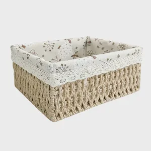 Woven Eco-Friendly Storage Basket Lace Fabric Liner Simple Rectangle Design Natural Rattan Organizer Bin for Home Closet Kitchen