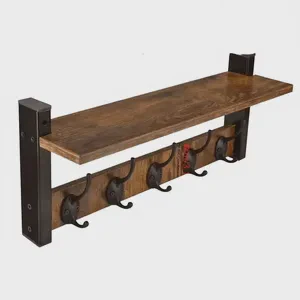 17Inch Vintage Non Slip Wooden Wall Mounted Bathroom & Kitchen Storage Racks with Hooks Floating Shelf Multifunction Coat Hanger