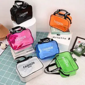 Custom Logo Transparent Large Small PVC Portable Waterproof Toilet Pouch Storage Makeup Cosmetic Bag with Letter Handle