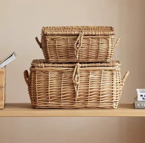 Handmade Wicker Woven Storage Basket with Lid, Suitable for Storing Japanese Wicker Woven Miscellaneous Clothing at Home