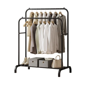 Freestanding Double Tier Metal Clothing Organizer Sturdy Coat Rack with Hanging Rods and Bottom Storage Shelf for Living Room