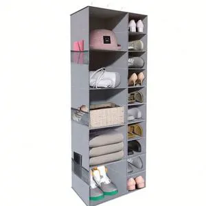 Multi-Purpose 10 Shelf Grey Fabric Hanging Closet Organizer with Drawers for Living Room Warehouse and Supermarket Use